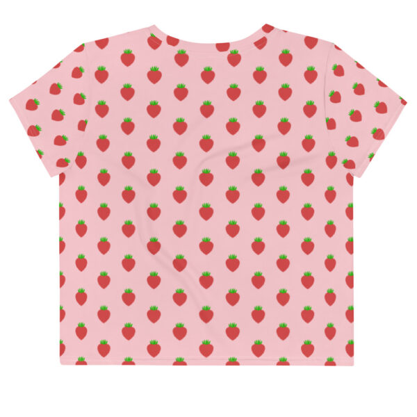 Chic Minimal Red Strawberry Pattern on Pink Women All-Over Print Crop Tee - Image 2