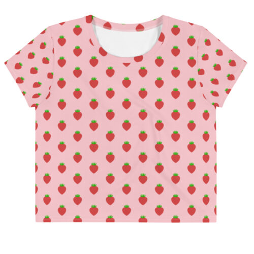 Chic Minimal Red Strawberry Pattern on Pink Women All-Over Print Crop Tee
