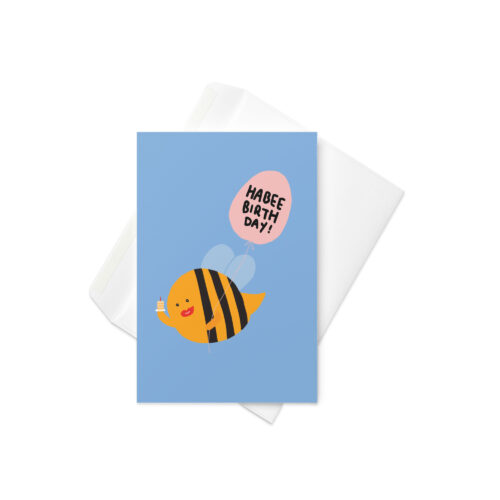 Cute Funny Happy Birthday Bee Cake Balloon Pun Greeting card